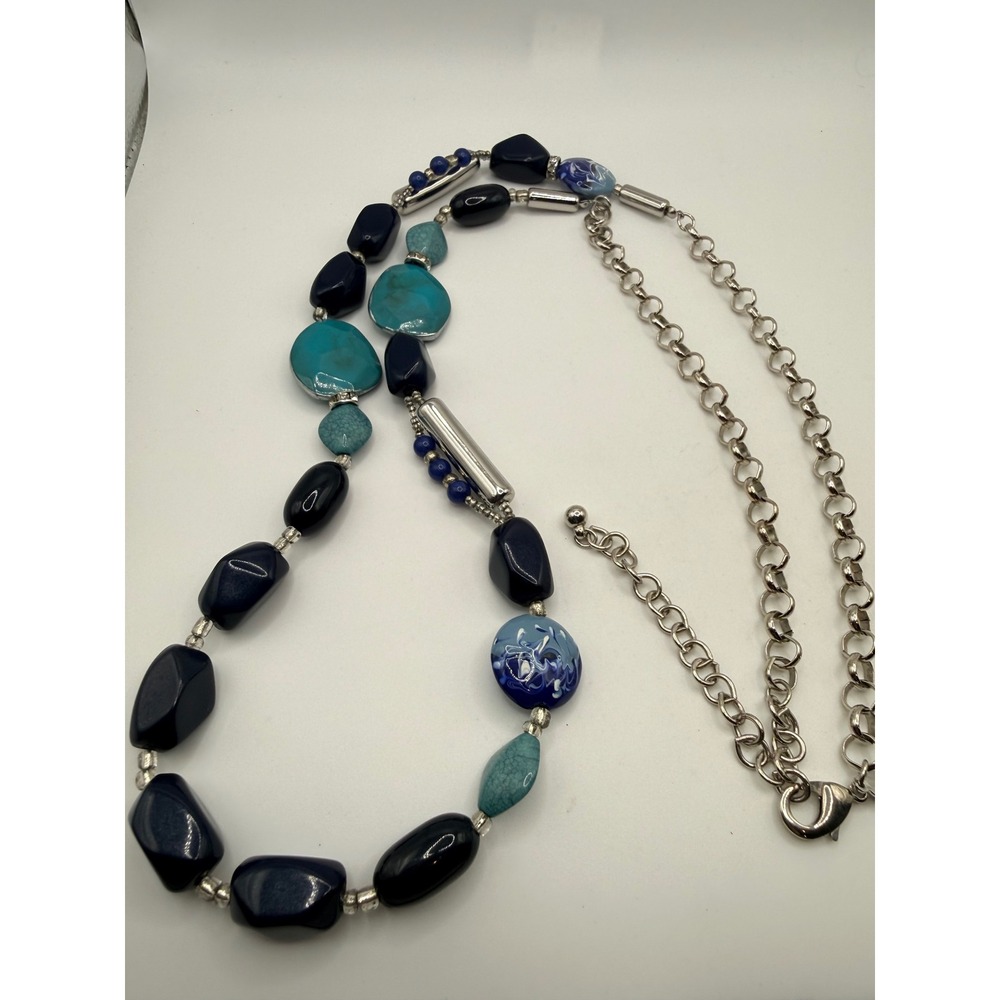 Chico's Navy Turquoise Blue Beaded Statement Necklace Silver Tone Extender